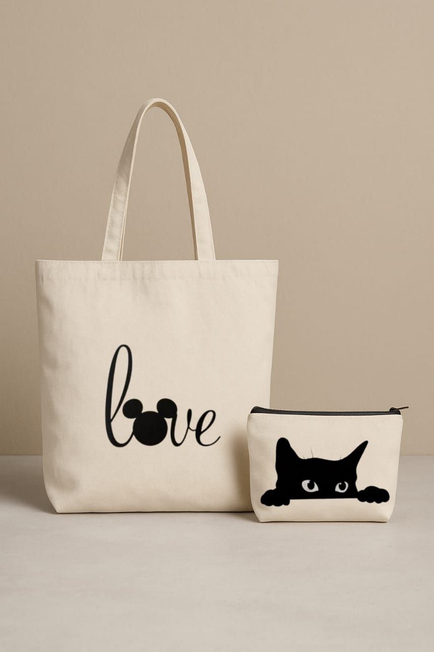 ALYONA Trendy Canvas Bag Set for Cat Lovers – Reusable “Love” Print